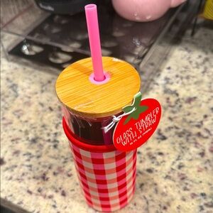 Red and White Checkered Glass Tumbler with Straw